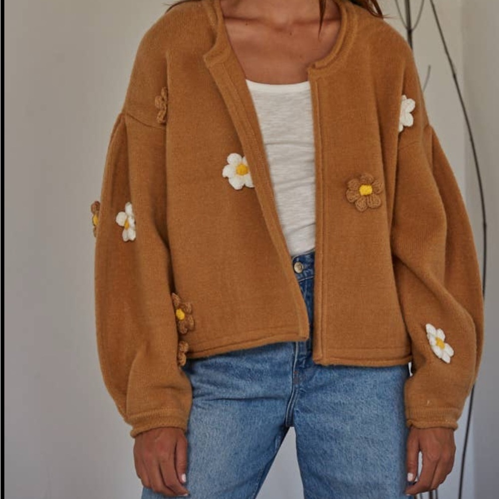 By Together Brown Cardigan with Floral Accents